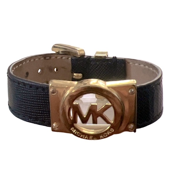 MICHAEL KORS • Black Leather Gold Logo Adjustable Bracelet - Picture 9 of 12